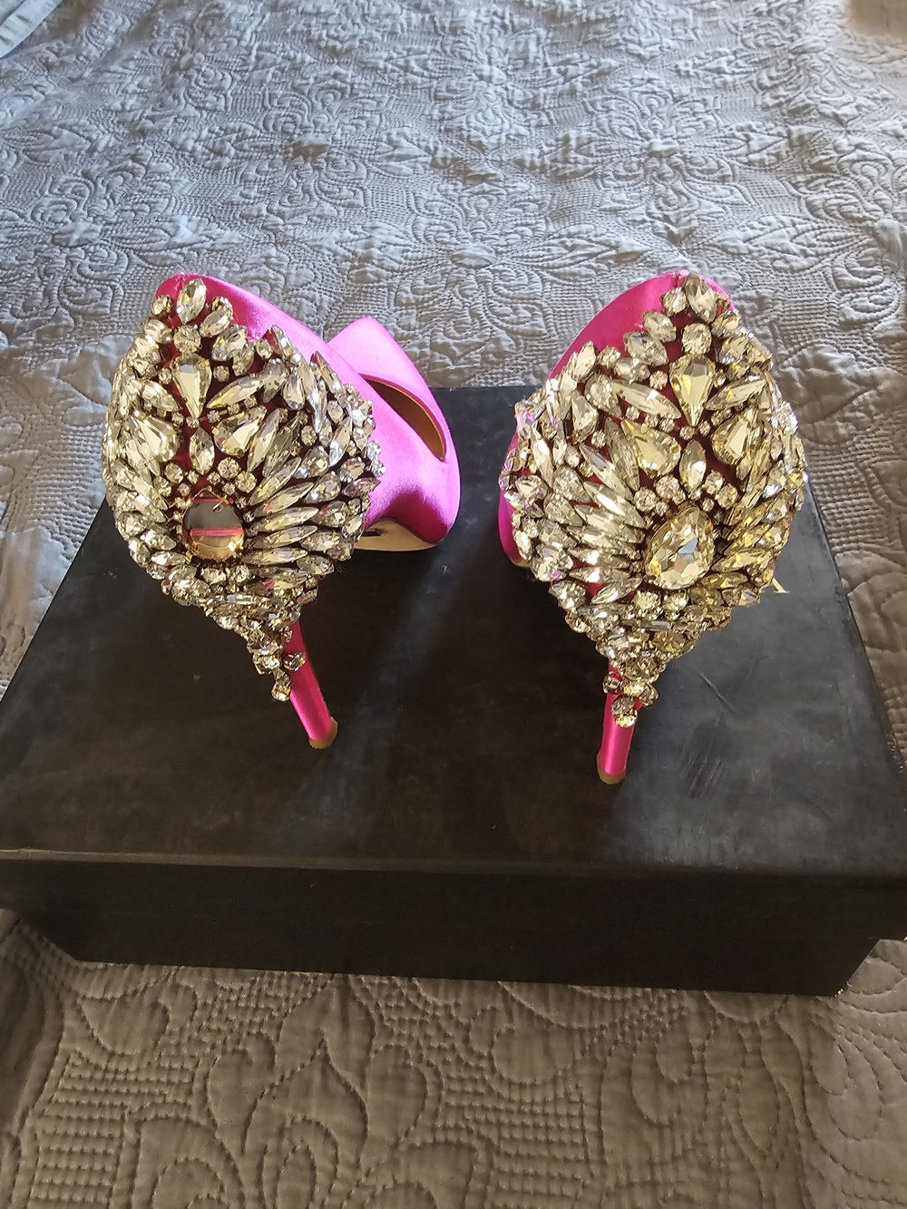 Badgley Mischka Fuchsia Satin Crystal-Embellished Pointed-Toe Pumps - Picture 4 of 7